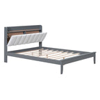 Lit plateforme avec station de recharge USB et tête de lit rembourrée de rangement, cadre de lit LED, sommier tapissier non requis