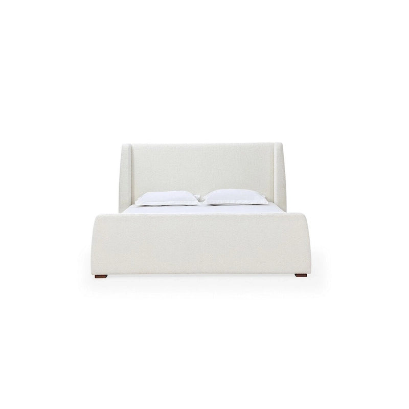 Lit plateforme Mosi Queen, tête de lit à oreilles, revêtement en tissu bouclé blanc