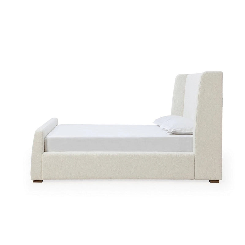 Lit plateforme Mosi Queen, tête de lit à oreilles, revêtement en tissu bouclé blanc