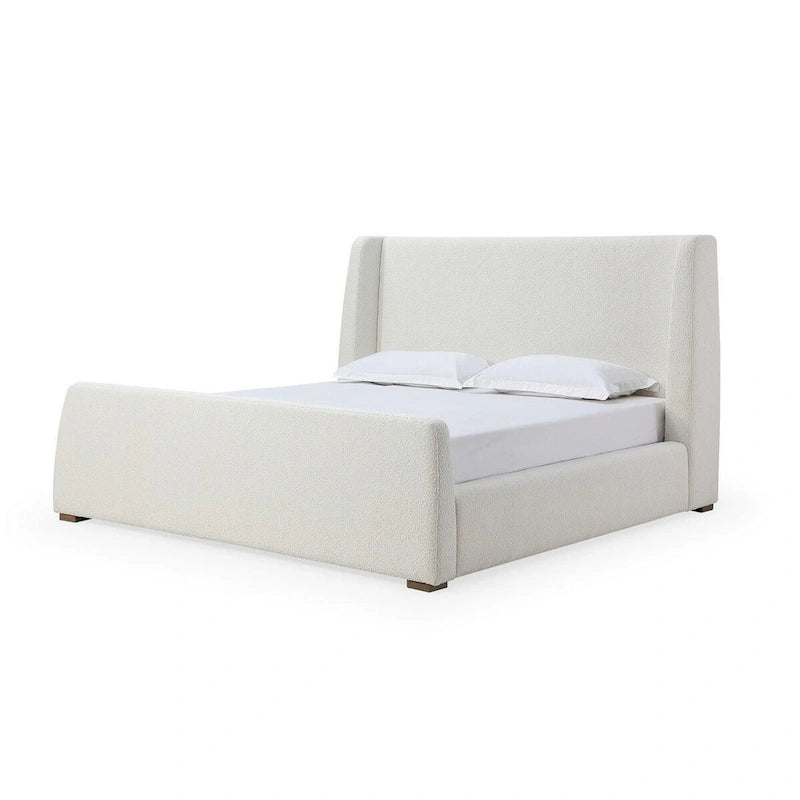 Lit plateforme Mosi Queen, tête de lit à oreilles, revêtement en tissu bouclé blanc