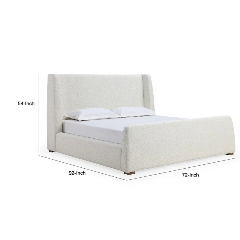 Lit plateforme Mosi Queen, tête de lit à oreilles, revêtement en tissu bouclé blanc
