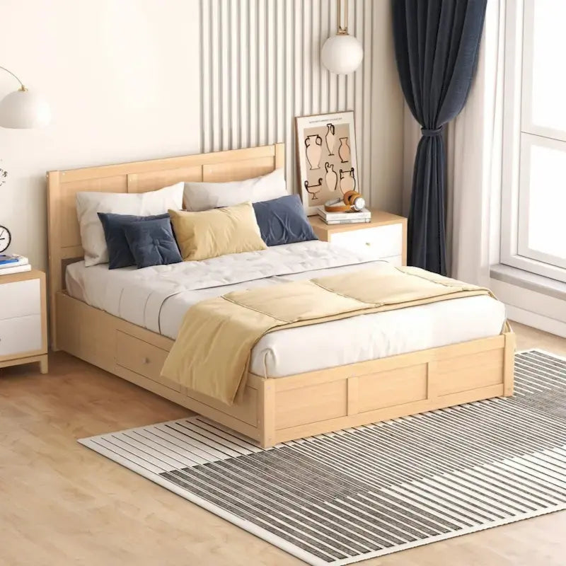Lit plateforme en bois pleine grandeur avec rangement en dessous et 2 tiroirs, couleur bois