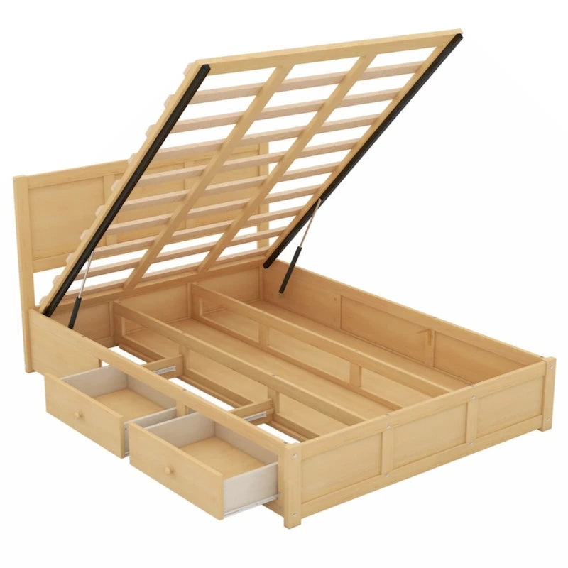 Lit plateforme en bois pleine grandeur avec rangement en dessous et 2 tiroirs, couleur bois