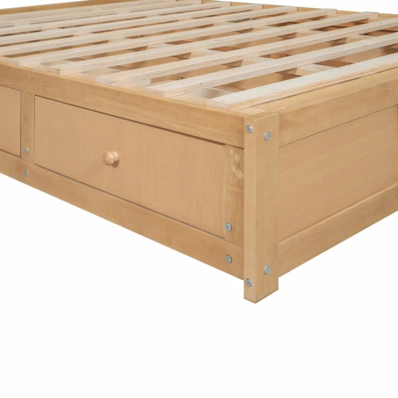 Lit plateforme en bois pleine grandeur avec rangement en dessous et 2 tiroirs, couleur bois