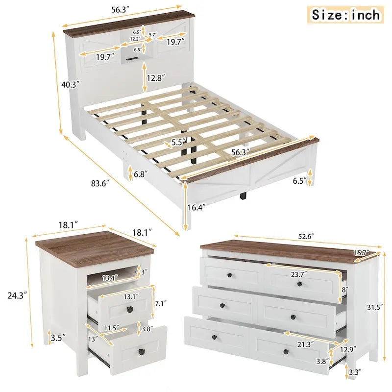 Ensembles de chambre complète 3 pièces avec table de chevet et commode