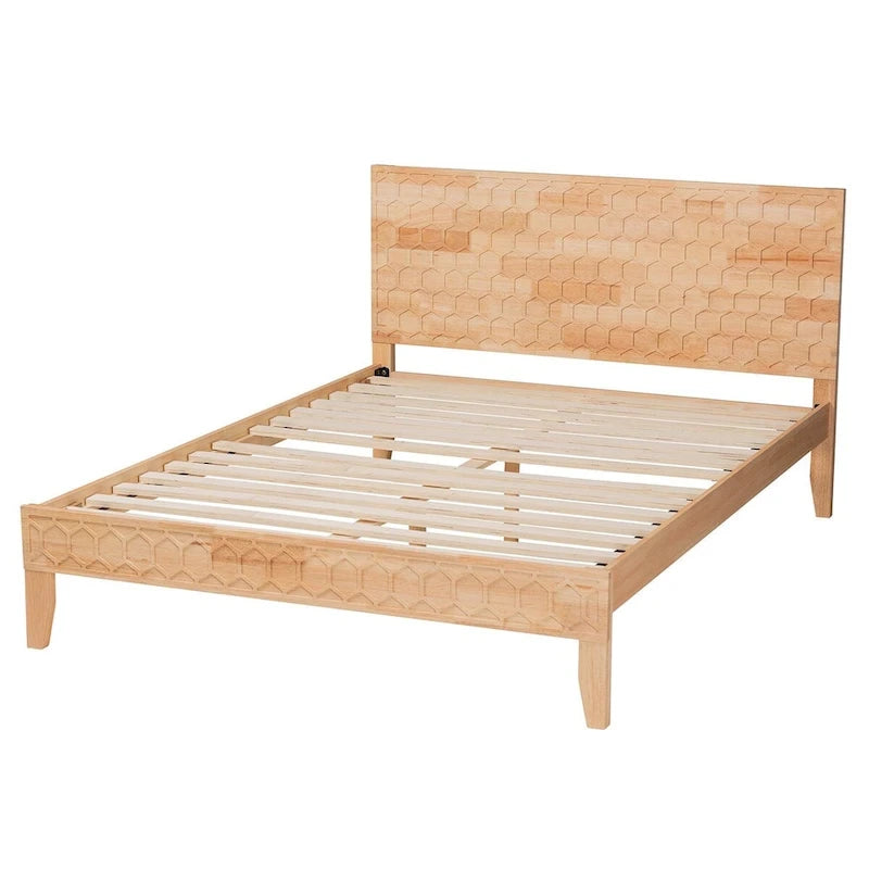 Lit plateforme sculpté en nid d'abeille naturel Hosea Japandi, grand lit