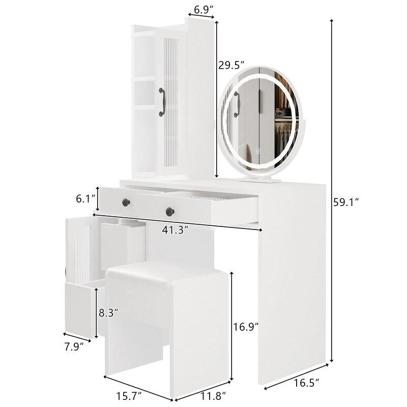 Coiffeuse avec multiprise et miroir LED à trois tons – S.O.