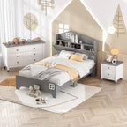 Ensemble de chambre à coucher 3 pièces de taille double, lit cabane avec tête de lit de rangement, table de chevet en bois et commode de rangement, gris