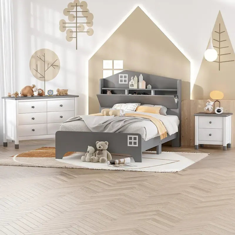 Ensemble de chambre à coucher 3 pièces de taille double, lit cabane avec tête de lit de rangement, table de chevet en bois et commode de rangement, gris
