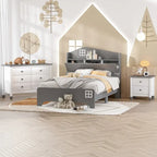 Ensemble de chambre à coucher 3 pièces de taille double, lit cabane avec tête de lit de rangement, table de chevet en bois et commode de rangement, gris