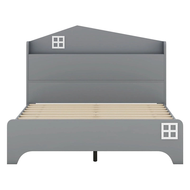 Ensemble de chambre à coucher 3 pièces de taille double, lit cabane avec tête de lit de rangement, table de chevet en bois et commode de rangement, gris
