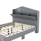 Ensemble de chambre à coucher 3 pièces de taille double, lit cabane avec tête de lit de rangement, table de chevet en bois et commode de rangement, gris
