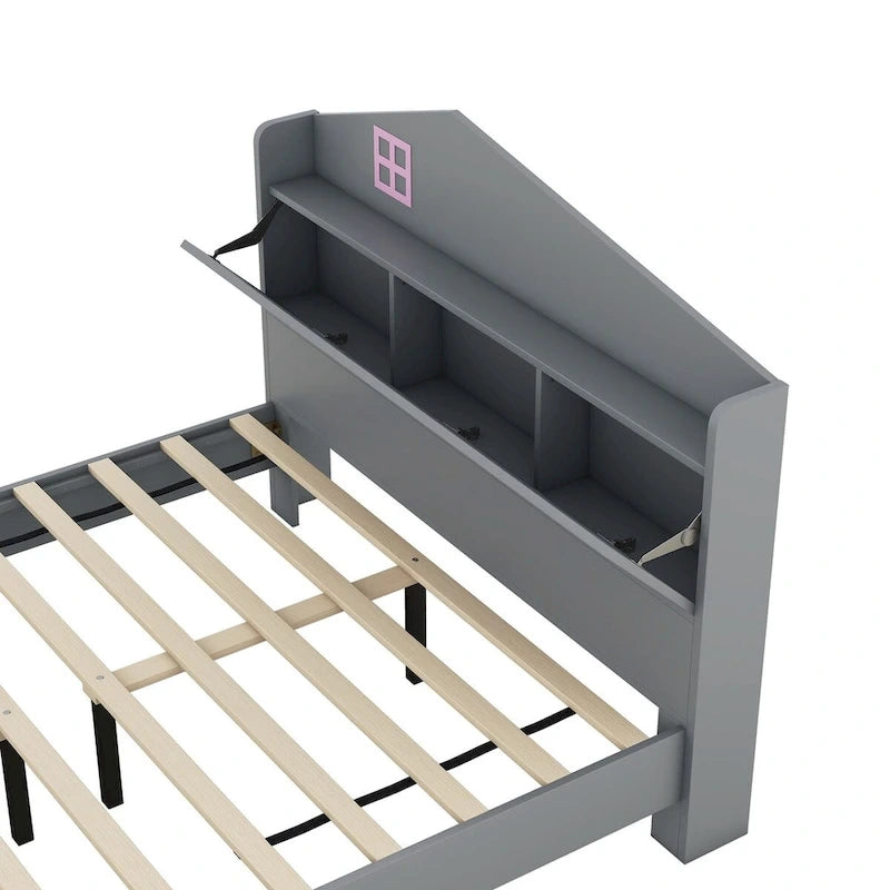 Ensemble de chambre à coucher 3 pièces de taille double, lit cabane avec tête de lit de rangement, table de chevet en bois et commode de rangement, gris