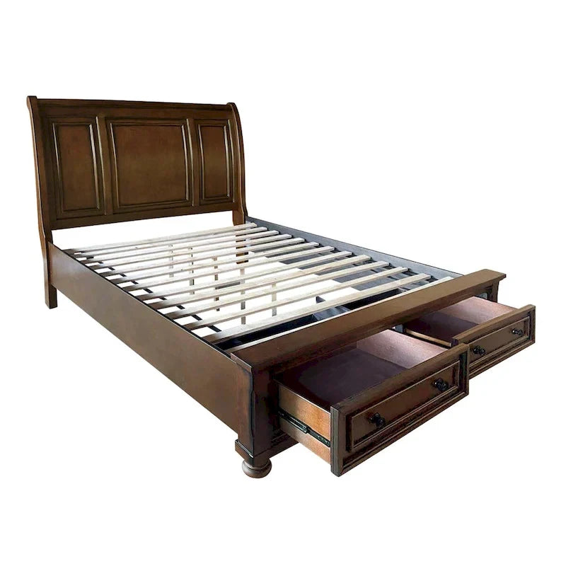 Ensemble de chambre à coucher 3 pièces fini merisier brun avec lit plateforme de rangement et deux tables de chevet