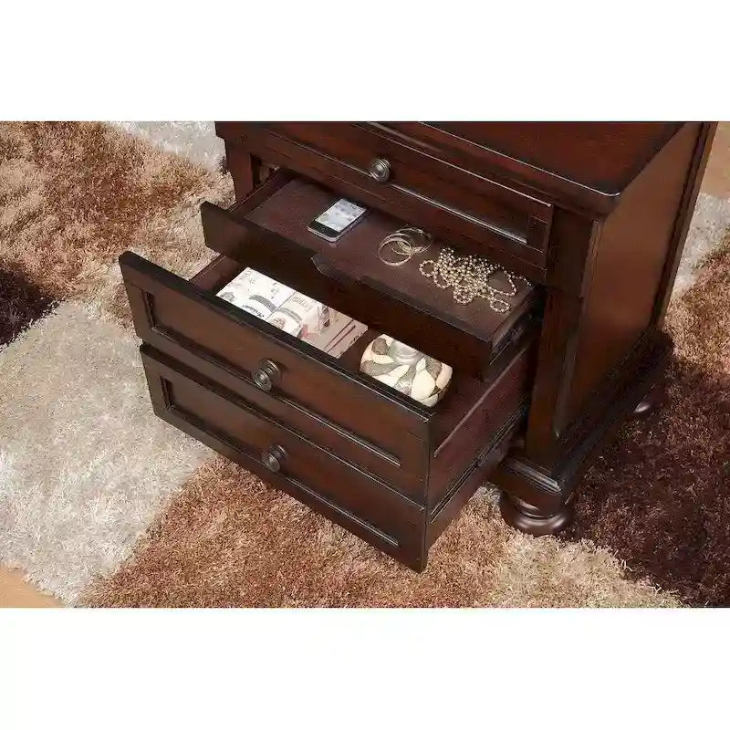 Ensemble de chambre à coucher 3 pièces fini merisier brun avec lit plateforme de rangement et deux tables de chevet