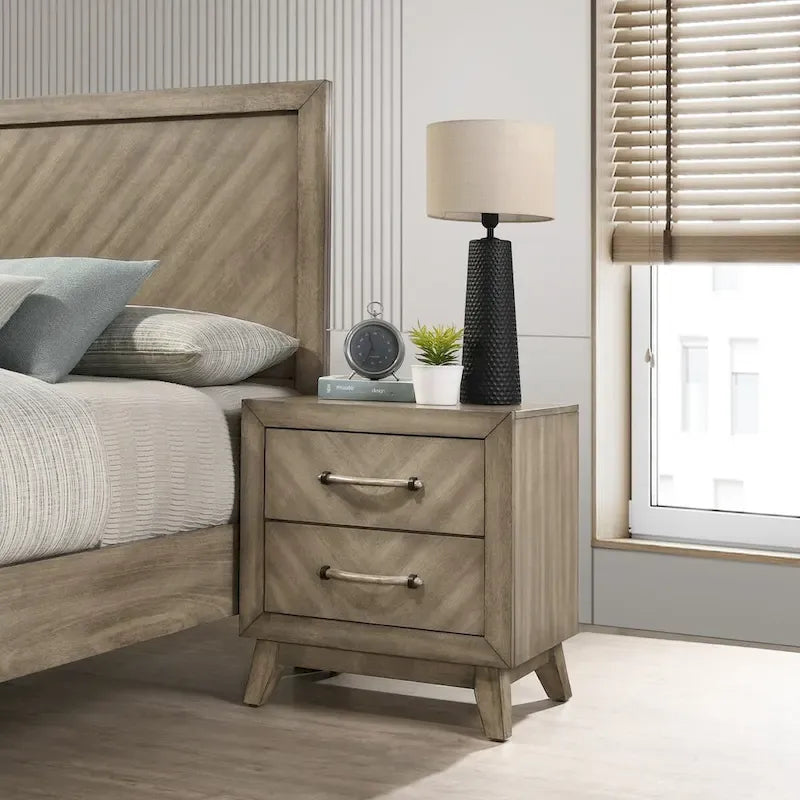 Ensemble de chambre à coucher contemporain 3 pièces Roundhill Furniture Arena en bois : Lit à panneaux et 2 tables de chevet Gris antique