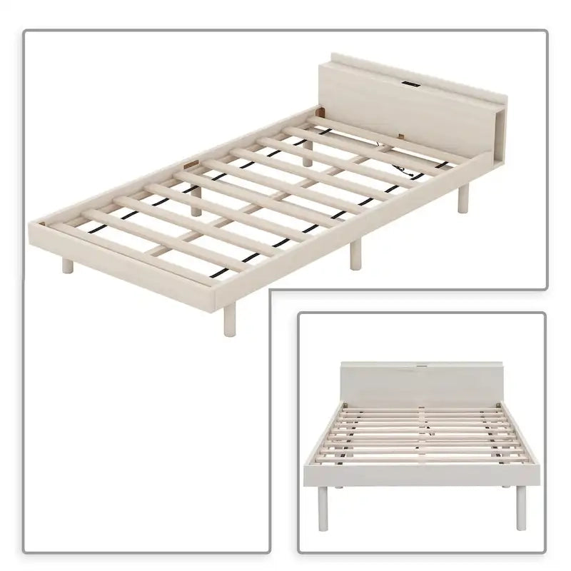 Cadre de lit plateforme simple en bois au design minimaliste avec station de recharge