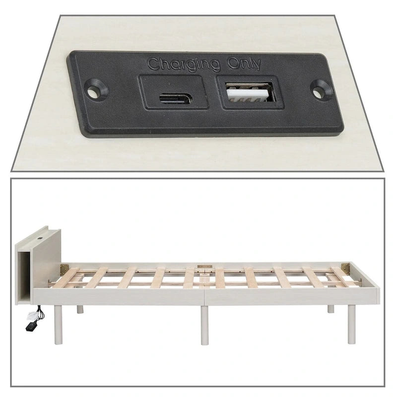 Cadre de lit plateforme simple en bois au design minimaliste avec station de recharge