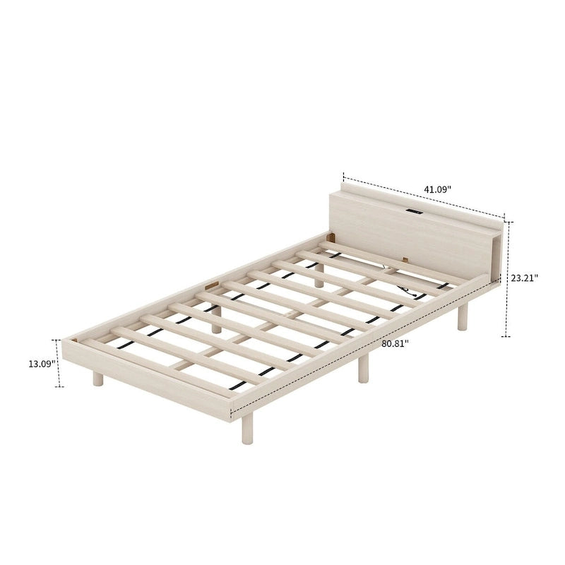 Cadre de lit plateforme simple en bois au design minimaliste avec station de recharge