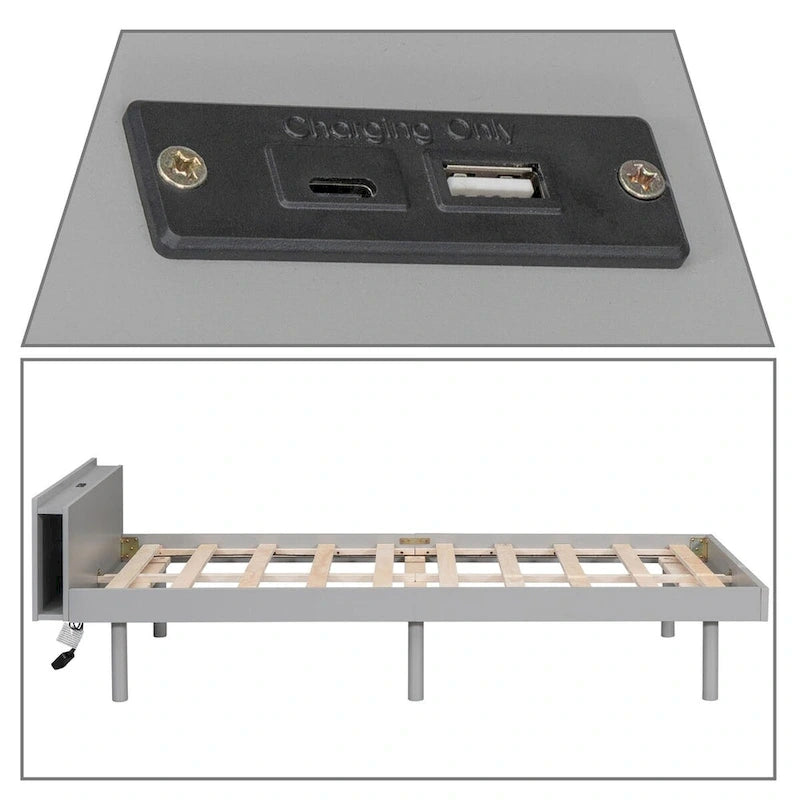 Cadre de lit plateforme simple en bois au design minimaliste avec station de recharge