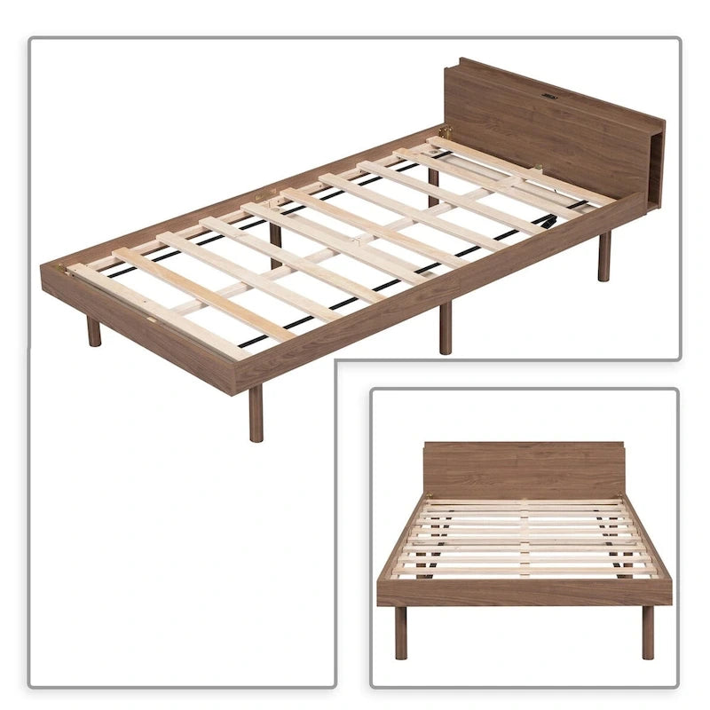 Cadre de lit plateforme simple en bois au design minimaliste avec station de recharge