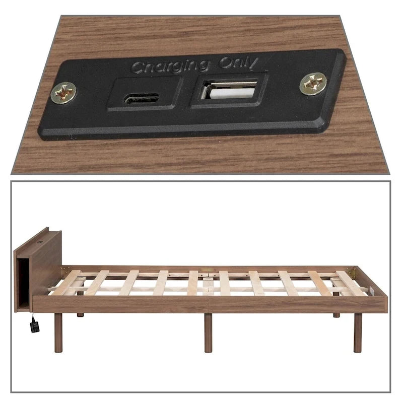 Cadre de lit plateforme simple en bois au design minimaliste avec station de recharge