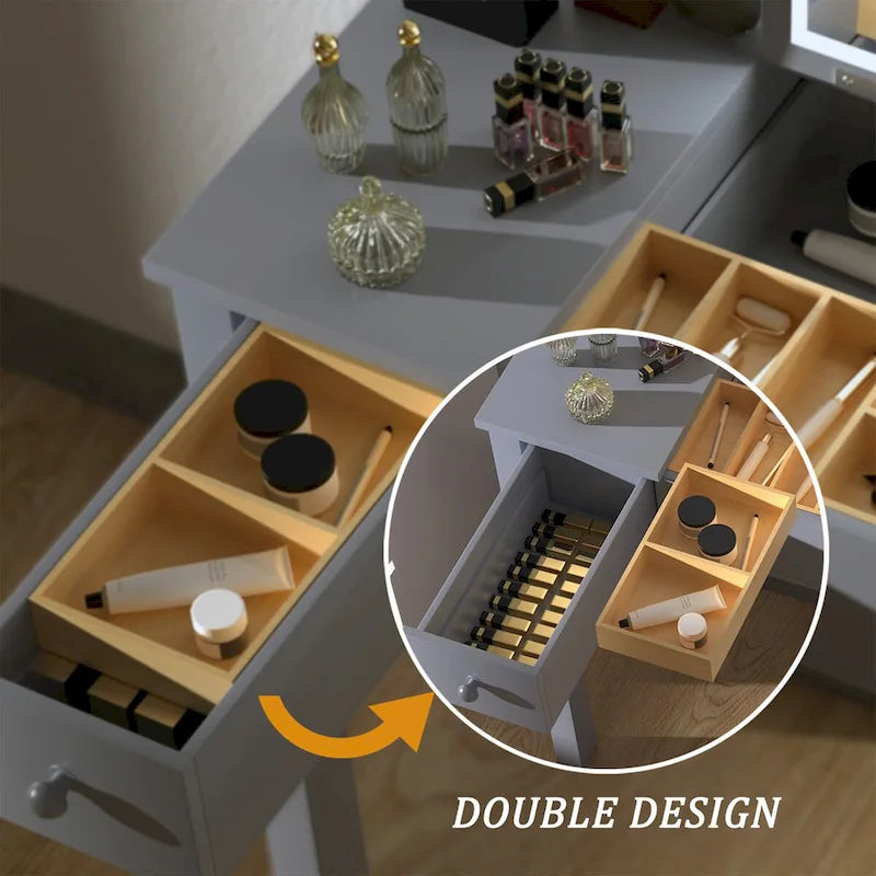 Coiffeuse élégante grise avec lumières LED, miroir rabattable et 2 tiroirs, rangement à bijoux pour femmes