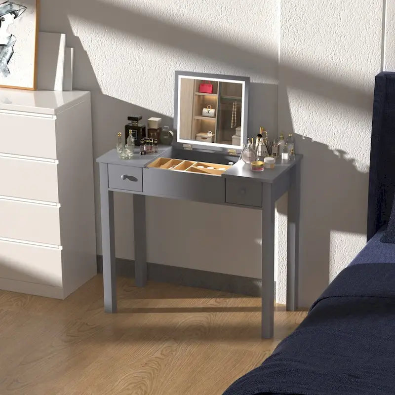 Coiffeuse élégante grise avec lumières LED, miroir rabattable et 2 tiroirs, rangement à bijoux pour femmes