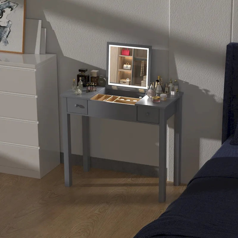 Coiffeuse élégante grise avec lumières LED, miroir rabattable et 2 tiroirs, rangement à bijoux pour femmes