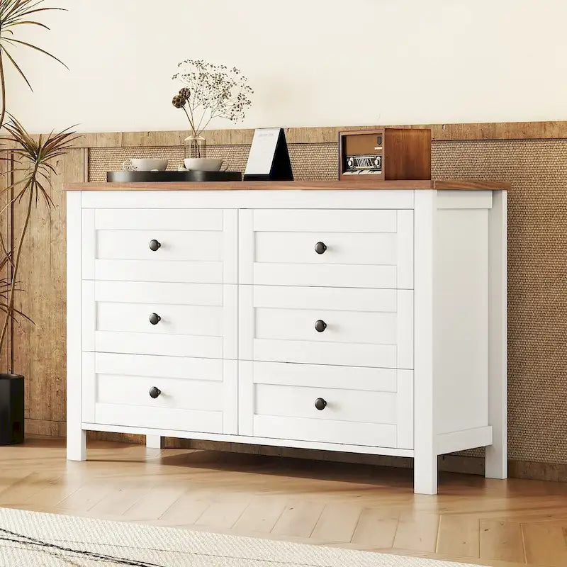 Commode en bois de style ferme rétro avec 6 tiroirs, meuble de rangement pour chambre à coucher
