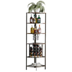 Range-bouteilles d'angle avec étagères en bois, porte-verres et casier à vin en fil métallique