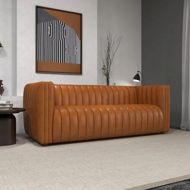Canapé Rasam Mid Century Modern de luxe en cuir véritable couleur cognac et dossier droit