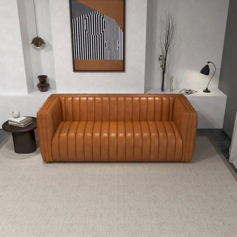 Canapé Rasam Mid Century Modern de luxe en cuir véritable couleur cognac et dossier droit