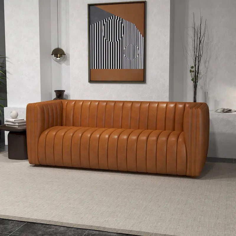 Canapé Rasam Mid Century Modern de luxe en cuir véritable couleur cognac et dossier droit