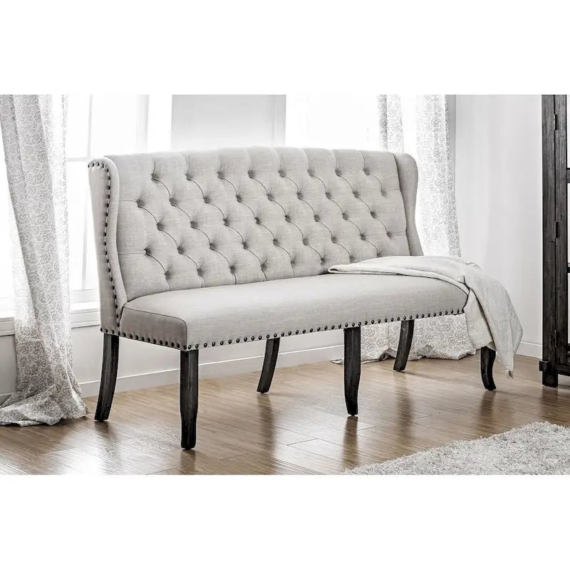 Banquette longue élégante avec dossier capitonné, couleur ivoire