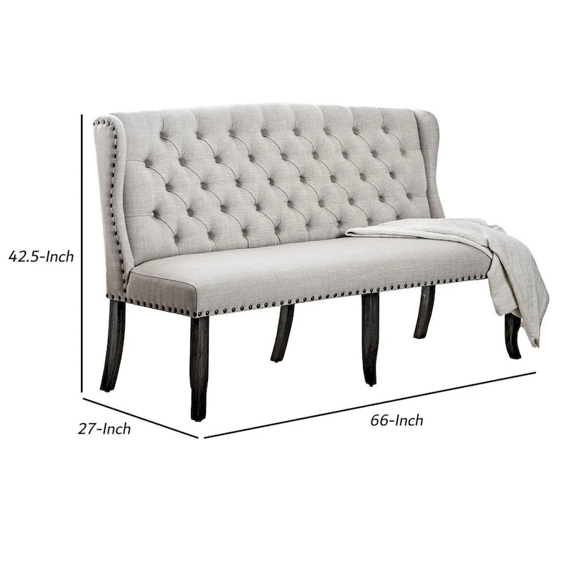 Banquette longue élégante avec dossier capitonné, couleur ivoire