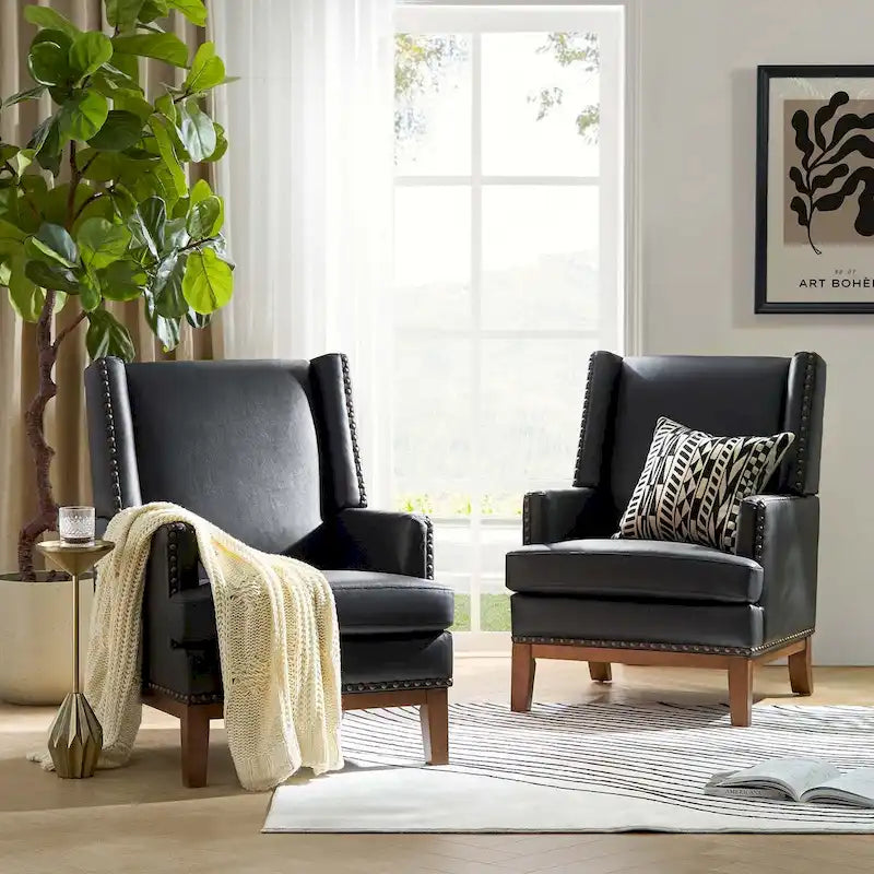 Fauteuil Lourdes en cuir véritable avec cadre en bois massif et coussin d'assise amovible, lot de 2 par HULALA HOME