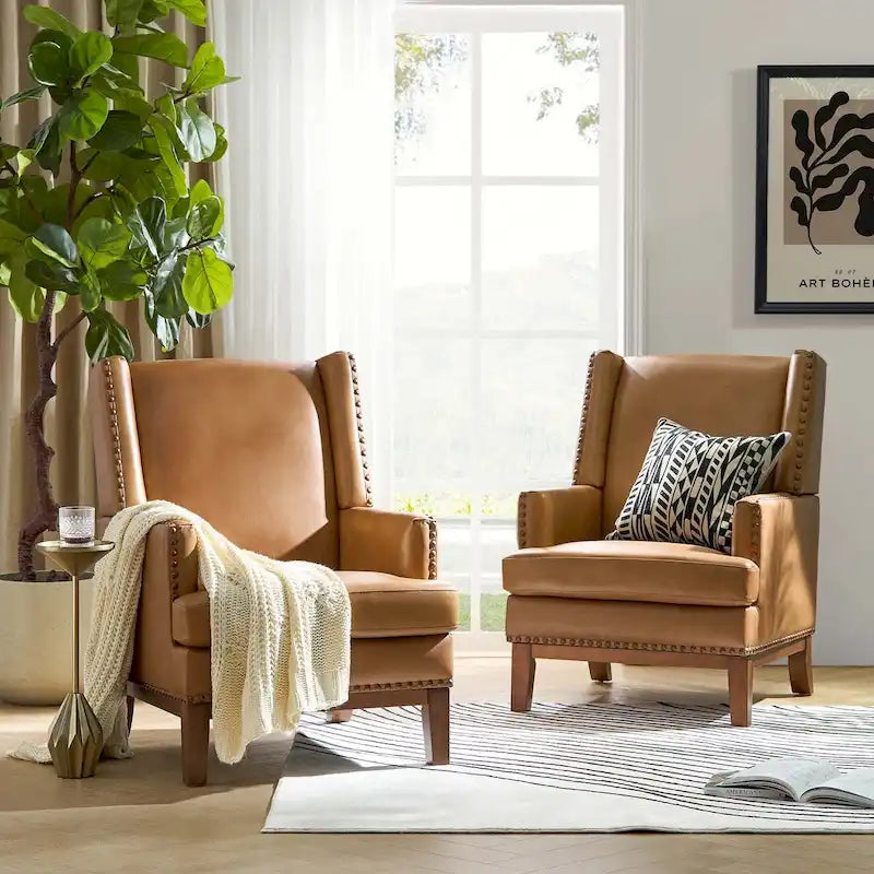 Fauteuil Lourdes en cuir véritable avec cadre en bois massif et coussin d'assise amovible, lot de 2 par HULALA HOME