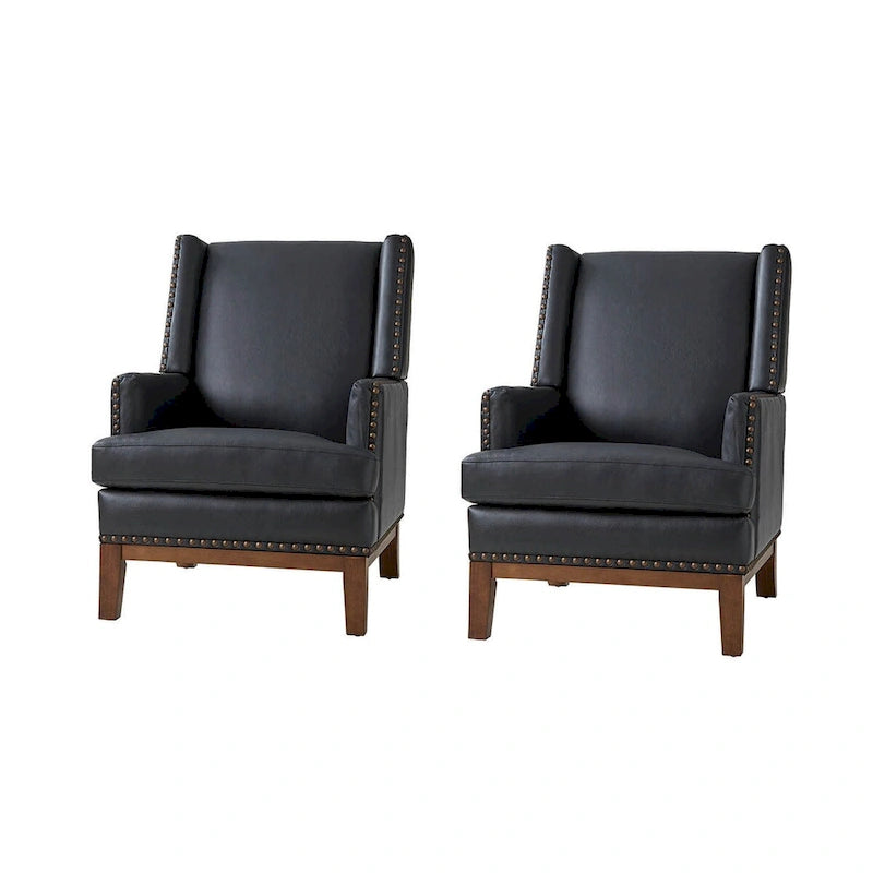 Fauteuil Lourdes en cuir véritable avec cadre en bois massif et coussin d'assise amovible, lot de 2 par HULALA HOME