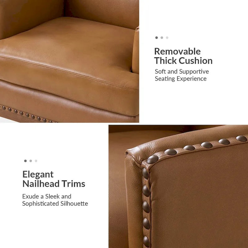 Fauteuil Lourdes en cuir véritable avec cadre en bois massif et coussin d'assise amovible, lot de 2 par HULALA HOME