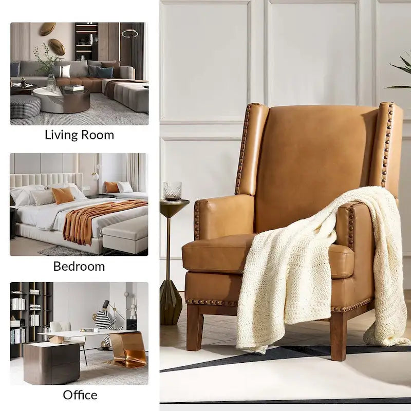 Fauteuil Lourdes en cuir véritable avec cadre en bois massif et coussin d'assise amovible, lot de 2 par HULALA HOME