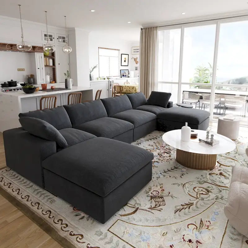 Grand canapé sectionnel modulable réversible en lin en U avec 2 poufs