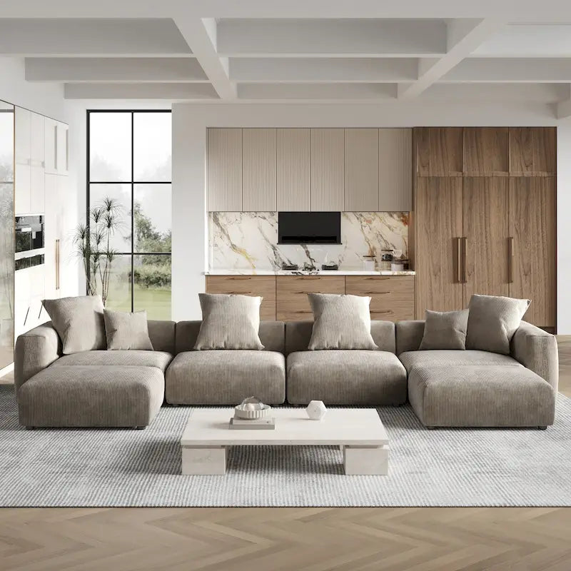 Grand canapé sectionnel modulable réversible en lin en U avec 2 poufs