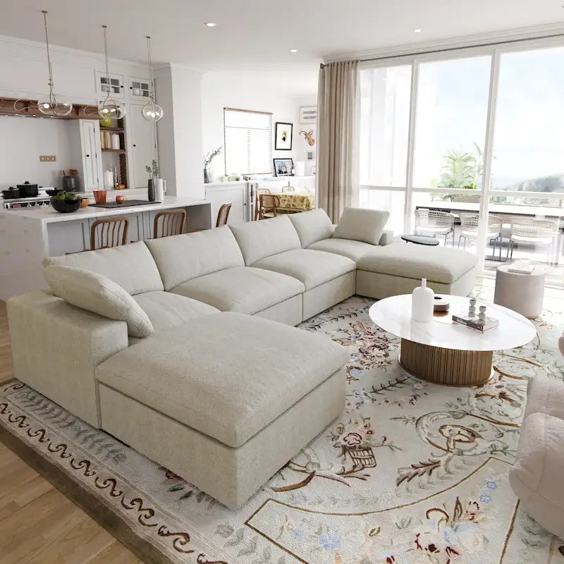 Grand canapé sectionnel modulable réversible en lin en U avec 2 poufs