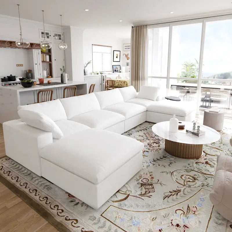 Grand canapé sectionnel modulable réversible en lin en U avec 2 poufs