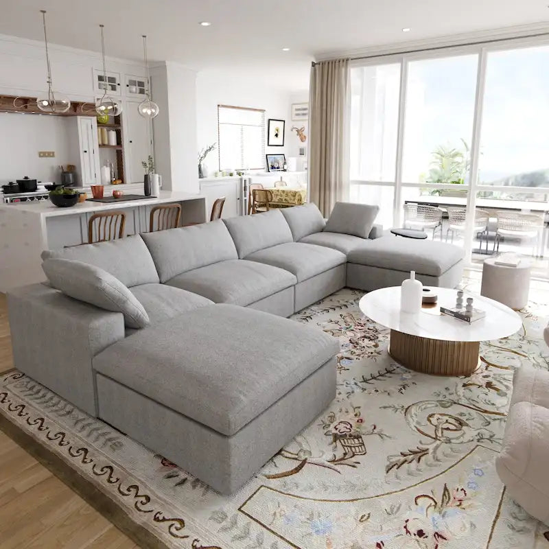 Grand canapé sectionnel modulable réversible en lin en U avec 2 poufs