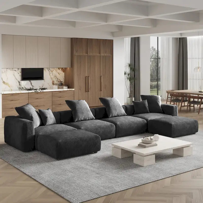Grand canapé sectionnel modulable réversible en lin en U avec 2 poufs