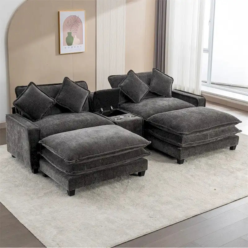 Canapé d'angle en chenille de 112,6 po avec deux poufs amovibles