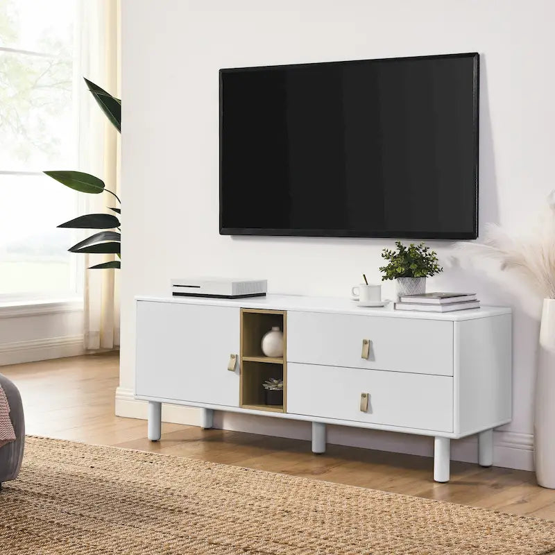 Meuble TV à tiroirs avec porte, armoire de rangement, commode, commode en bois avec poignée en cuir