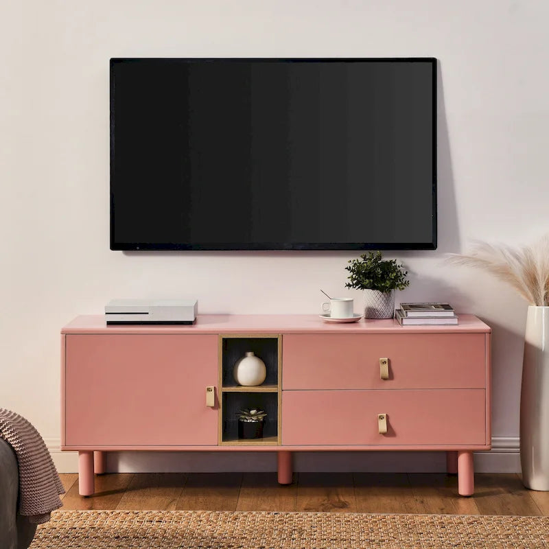 Meuble TV à tiroirs avec porte, armoire de rangement, commode, commode en bois avec poignée en cuir